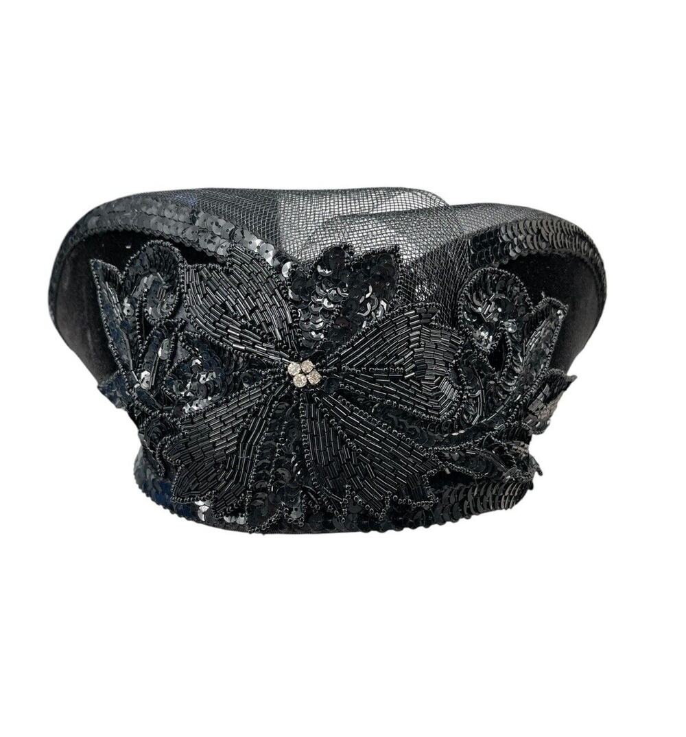 Vintage Deborah New York Wool Hat Beaded Sequin Netting Black Made In USA